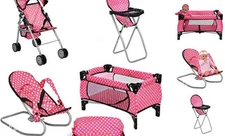  4 Piece Doll Play Set, Includes - 1 Pack N Play. 2 Doll Stroller 3.Doll Pink