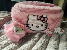Hello Kitty pink rare fluffy makeup cosmetic bag 10x5x6 and fluffy keychain