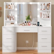 Large Makeup Vanity Desk With LED Lighted Mirror & Power Outlet Set For Bedroom