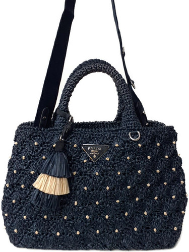 Prada Crochet Net Raffia Tote Shoulder Bag