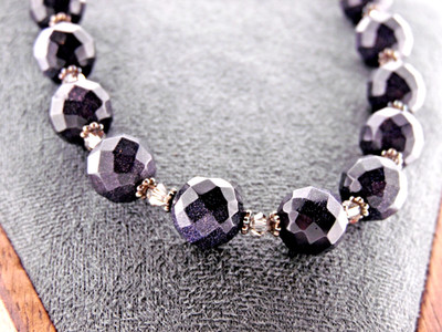 Vintage Blue Faceted Goldstone Bead Necklace 925 Sterling Clear Quartz Accents