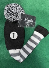 NEW Maxfli #1 Driver Knitted Pom Pom Golf Head Cover Black White Gray Striped 