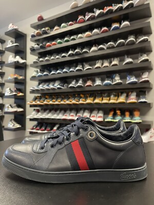 Size 9.5US/9G - Gucci Coda Leather Web Stripe Navy Blue Low Top 100% Authentic