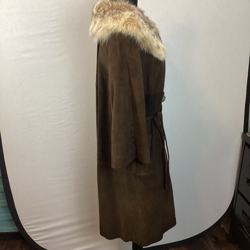 Vintage 1960 braun Wildleder und Kaninchenfell Kragen gefüttert Gürtel Swing Mantel, L - Bild 6 von 13