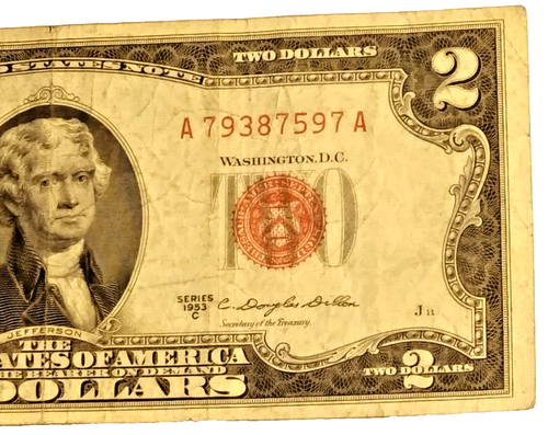 1953 Series C $2 Two Dollar Red Note W/ inverted 1st 2 serial numbers A79387597A - Picture 3 of 4