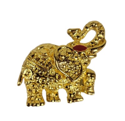 Gaudy Gold Good Luck Elephant Pin, 1980s Unused Brooch, Pachyderm with Trunk Up