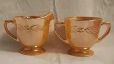 Fire King - CREAM & SUGAR - Peach Luster - LEAF PATTERN
