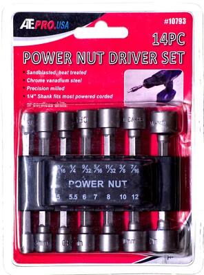 14 Piece Nut Driver Set Metric & SAE w/ Belt Storage Organizer 1/4'' Shank