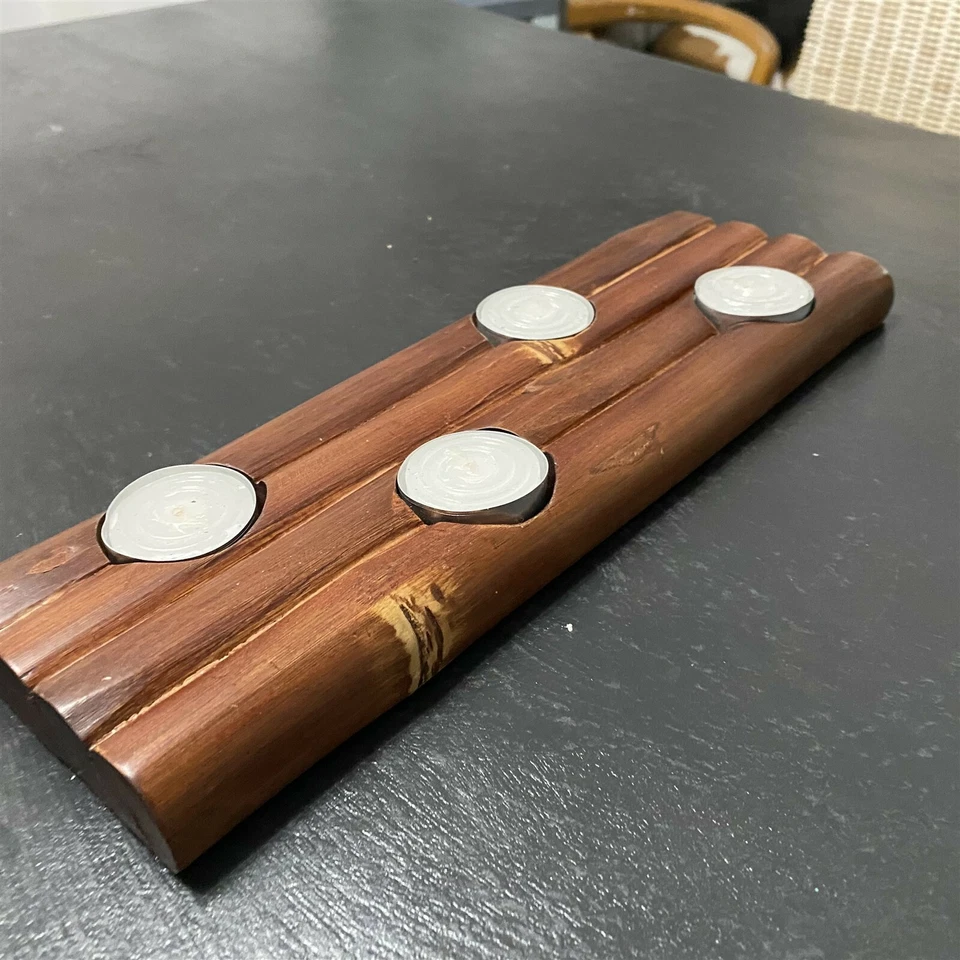 Wood Bamboo Look Tea Light Candle Holders Holds 4 Candles Rustic  - Image 4 of 4