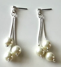 Napier Silver Tone Post Dangle/Drop Earrings w/ Simulated Pearl Trio 2.25"