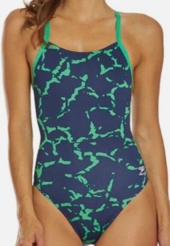 Speedo Endurance Flyback One Piece Competition Swimsuit Blue & Green Size 24 NWT - Picture 2 of 7