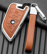 BMW Car Key Fob Cover shell Leather and Aluminum with Keychain full Protection