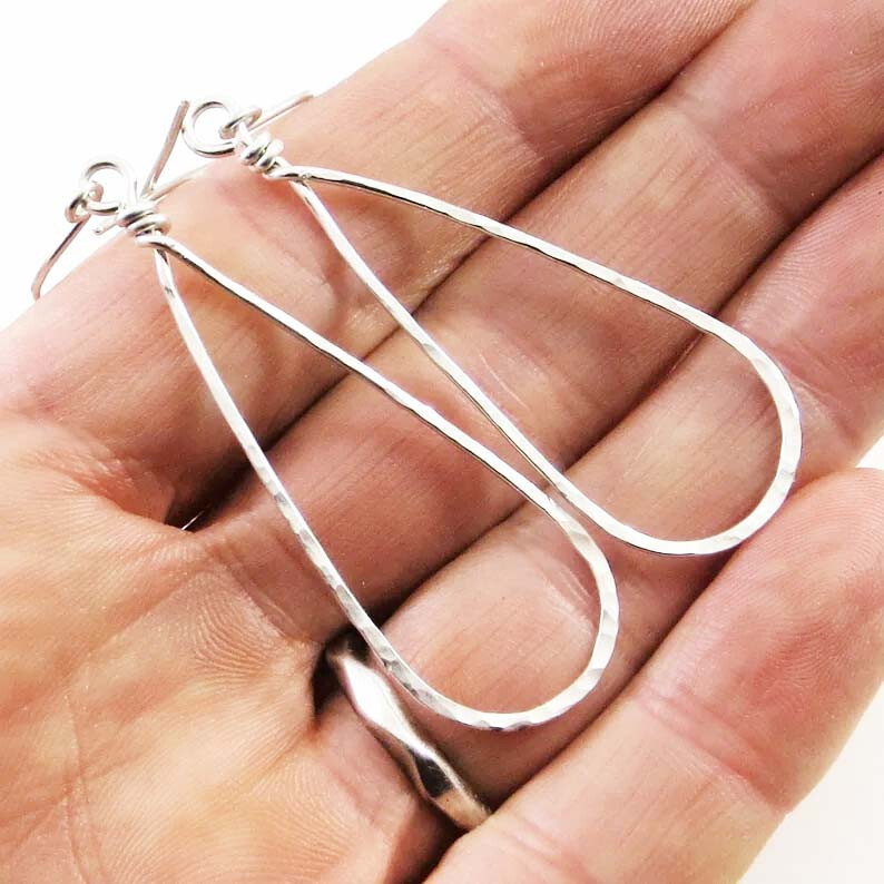 Long Hammered 925 Sterling Silver Teardrop Earrings Handmade Unique Gift for Her