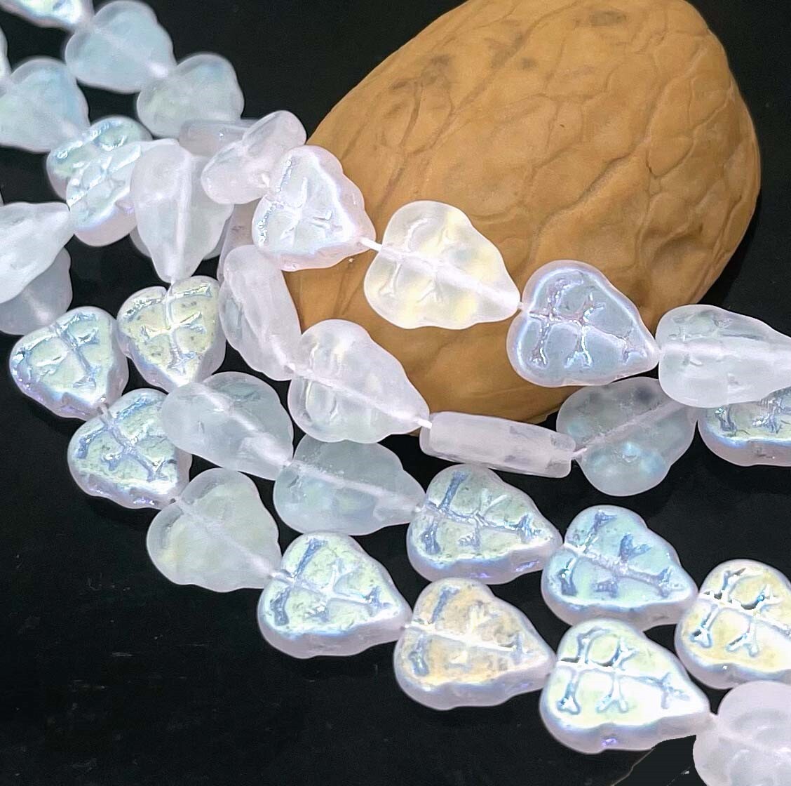 20 Matte Crystal AB Czech Glass Leaves Beads Vertical Hole Leaf