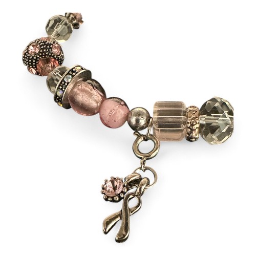 Breast Cancer Awareness Charm & Clear/Pink Bead And Rhinestone Stretch Bracelet - Picture 2 of 4