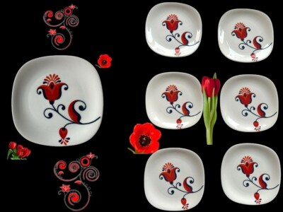 VTG 70s Block Langenthal Transition Bread Plates 6 piece Red Floral Pop Art