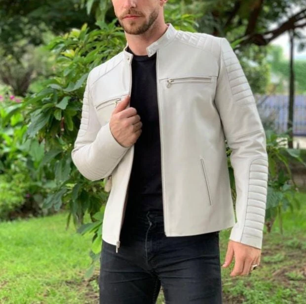 Mens New Quilted Stich Stylish Genuine Lambskin Leather Zipper White Jacket