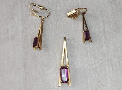 Ancienne parure de boucles d'oreilles et pendentif Avon, pierre mauve, vintage - Photo 1/4