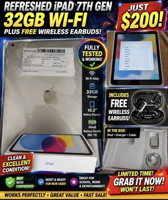 Apple iPad 10.2" 7th Gen 32GB Wi-Fi Tablet Silver w/ Charger 