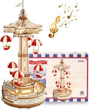 ROKR 3D Wooden Puzzle Parachute Tower DIY Music Box LED Building Toys Gift -NEW