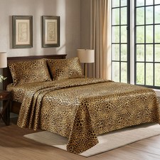 Satin Sheets Queen Gold Leopard 4-Piece Set - Luxury Silky Soft 1800 Microfiber