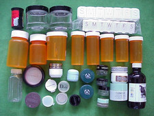 Mixed Lot 32 Empty Pill/Cosmetic Plastic Glass Bottle Jars Craft/Paints/Coins