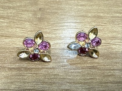 Vintage Gold Tone Earrings With Pink Stones And Diamond