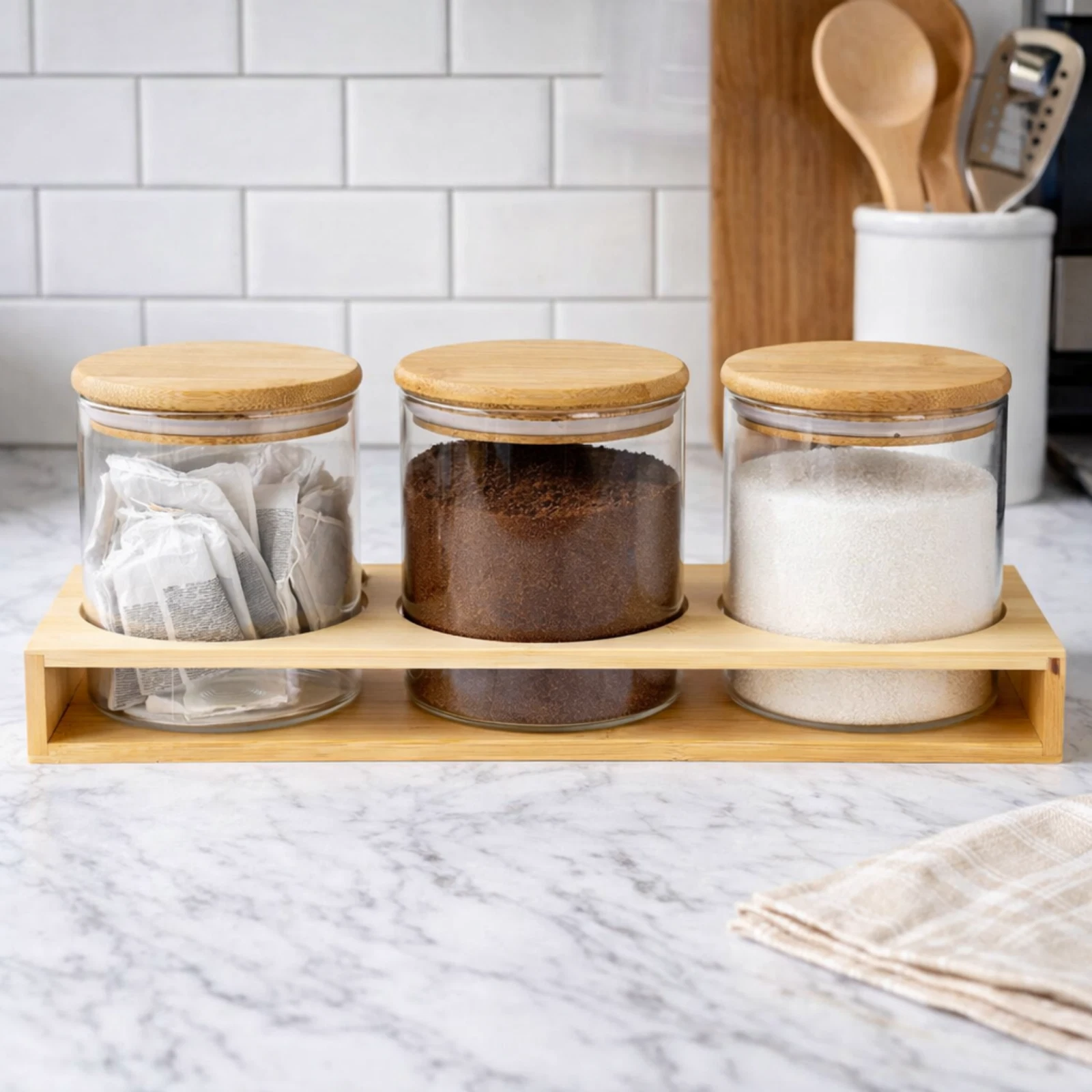 Set of 3 Glass Storage Jars with Bamboo Lids and Stand Airtight Kitchen Storage