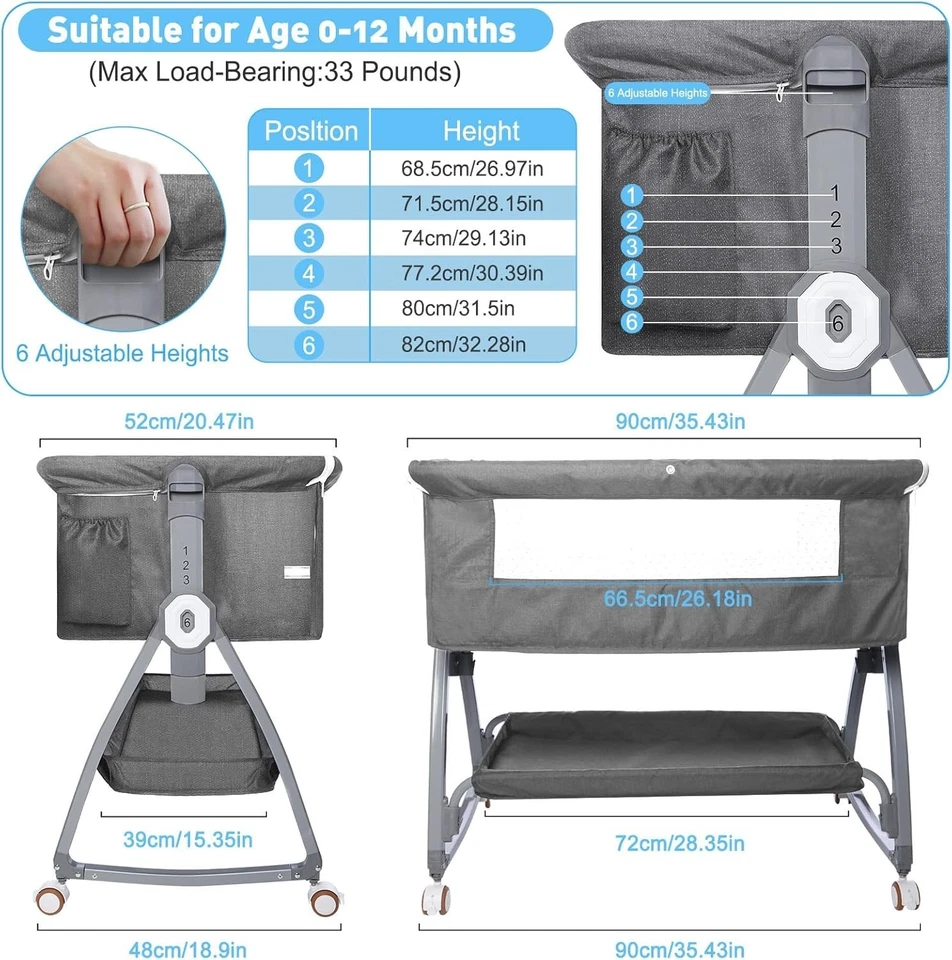 3 in 1 Baby Bassinet, Bedside Sleeper for Baby, Bedside Crib with Wheels & Stora - image 3 of 4