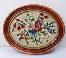 VTG Floral Needlepoint Framed Wall Art Oval Wood Frame Cottagecore Flowers