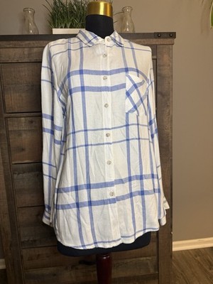 Thread + Supply Women s Medium White Blue Plaid Button Front Rayon Shirt
