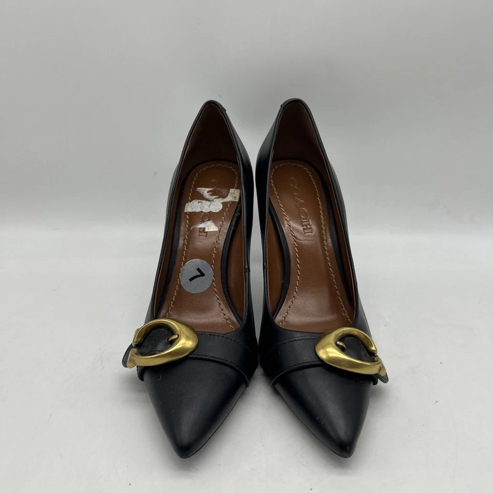 Zapatos de salón Coach Waverly para mujer 7 negros firma madera de haya hebilla tacón clásico chic Foto 3 de 4