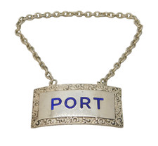 Sterling Silver & Blue Enamel Port Decanter Label Vintage 1956 Birmingham