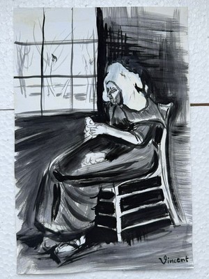 VINCENT VAN GOH drawing and painting on old paper signed stamped vintage