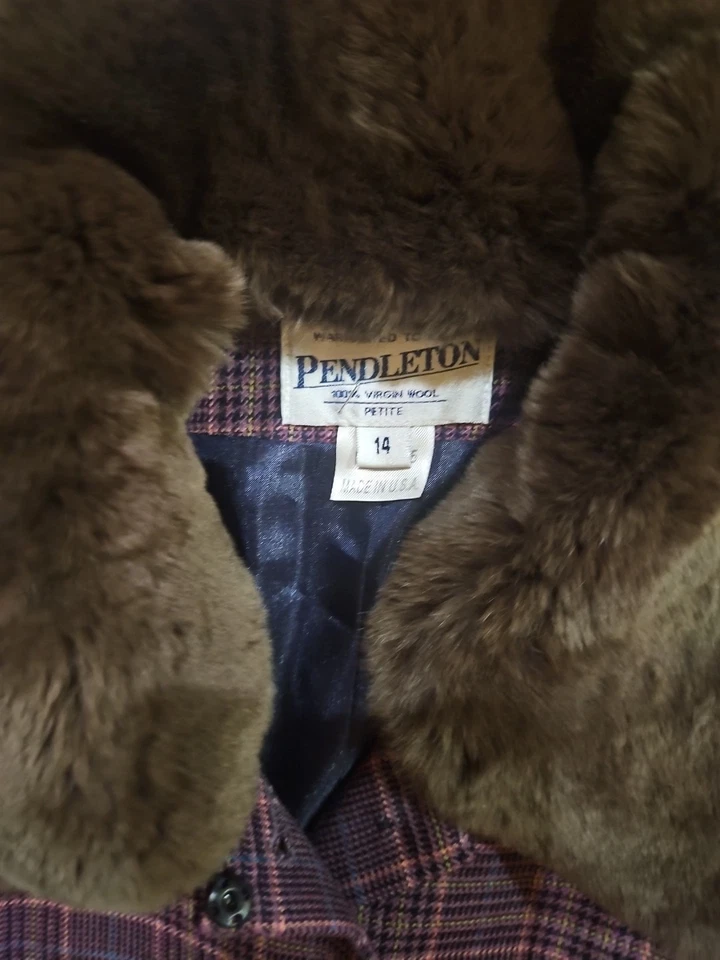 Traje De Colección Pendleton Para Mujer Púrpura A Cuadros 100% Lana Piel De Conejo Cuello Talla 14 Foto 2 de 4