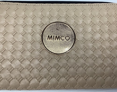 Mimco Woven Beige Wallet Purse Clutch Leather Rose Gold Metal Logo Wrist Strap - Picture 2 of 19