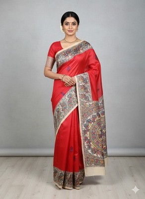 Women Pure Tussar Silk Saree Hand Painted Madhubani Handloom Festive