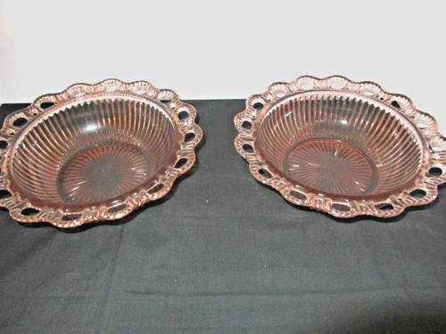 Lot of 2 Ribbed Serving Bowls 9 1/2" Pink Old Colony Depression Glass Open Lace