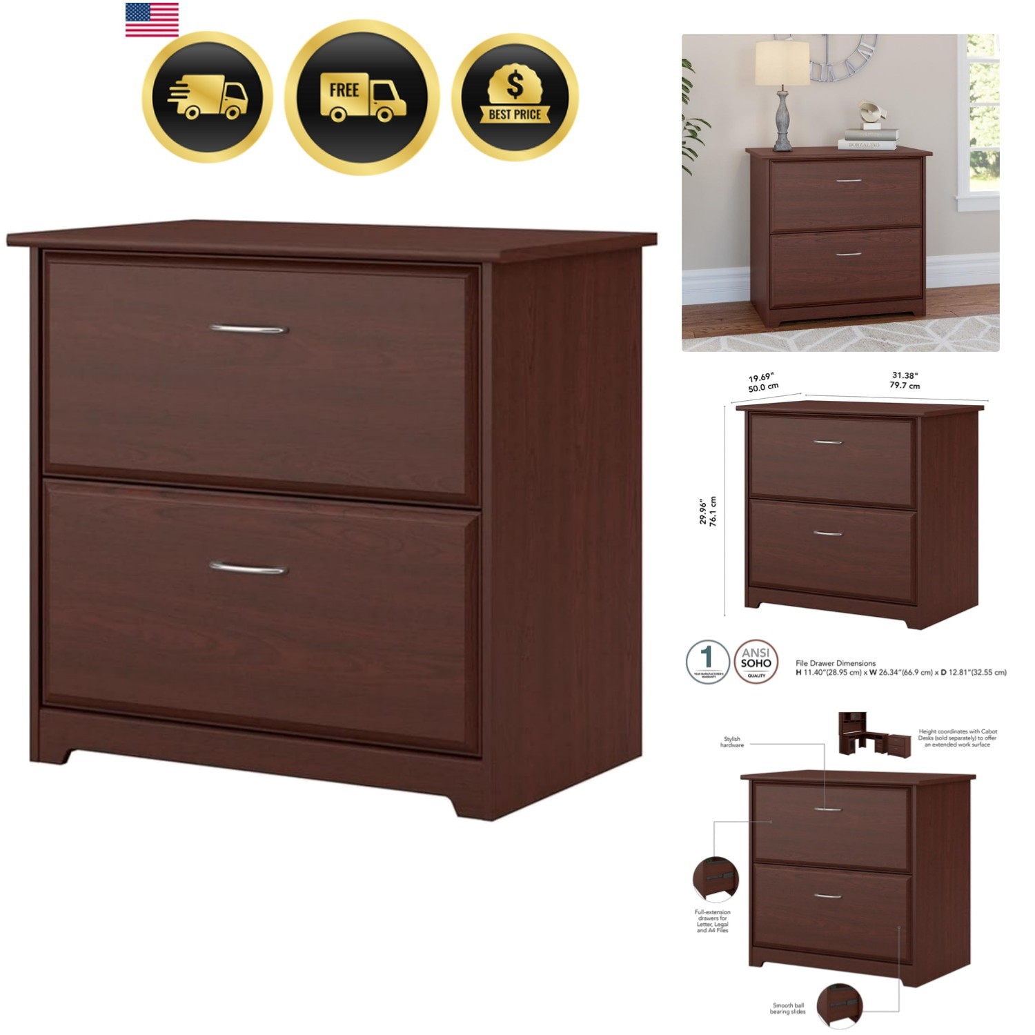 Cabot 2 Drawer Lateral File Cabinet in Harvest Cherry, Home Office Chest for ...