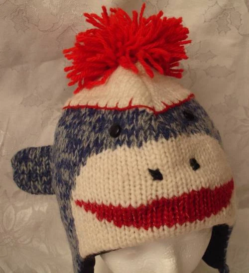 NWT deLux BLUE SOCK MONKEY HAT Knit ADULT cap toque FLEECE LINED leather tag NEW