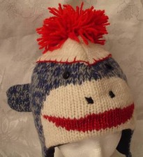 NWT deLux BLUE SOCK MONKEY HAT Knit ADULT cap toque FLEECE LINED leather tag NEW