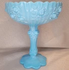 VINTAGE FENTON GLASS BLUE MARBLE COMPOTE ROSE PATTERN CANDY DISH