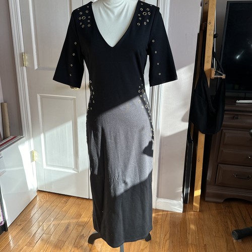 XOXO Women Black Long Knit Stretch Dress Vneck Mid Sleeves Pullover SZ Lg Lined - Picture 2 of 5