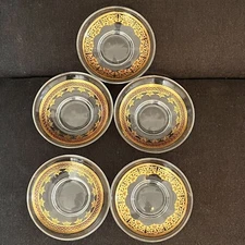 Pasabahce Turkish Glass Tea Cup Saucer Red & Gold Trim Florals Set 5