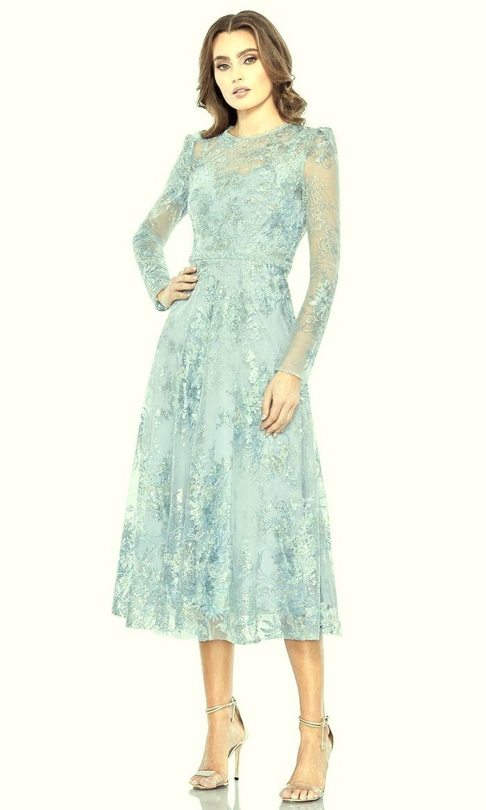 powder green dress Mac Duggal Blue Embellished Illusion Long Sleeve Midi 18 $598 Season:Winter