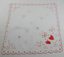 13" Vtg Hankie hearts doves ribbons scalloped red white 24OT01 H209 