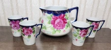 Vintage Nippon Pitcher Cups Hand Painted Tea Lemonade Set Pink Floral Gold Blue