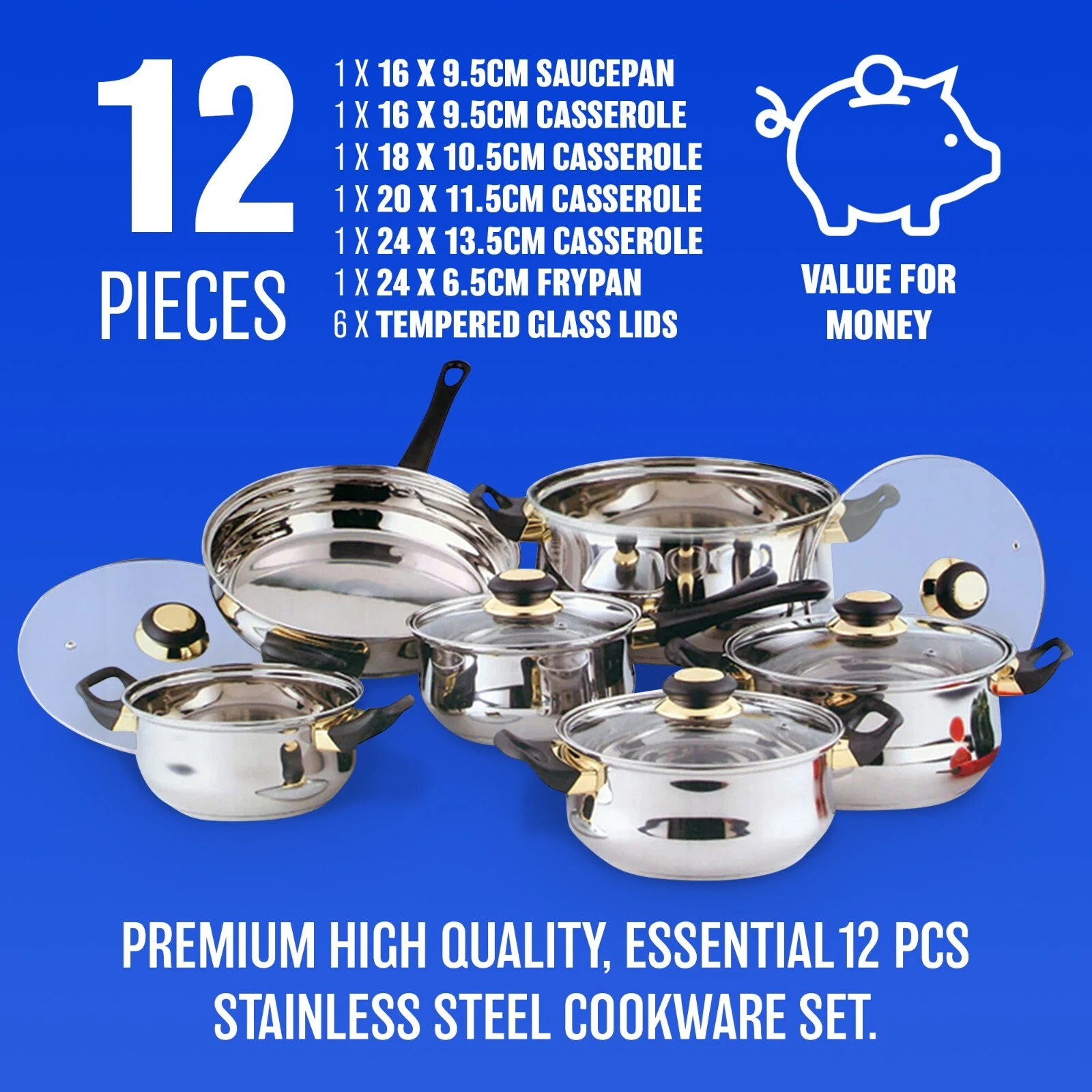 12PC STAINLESS STEEL COOKWARE SAUCEPAN PAN POT SET NEW