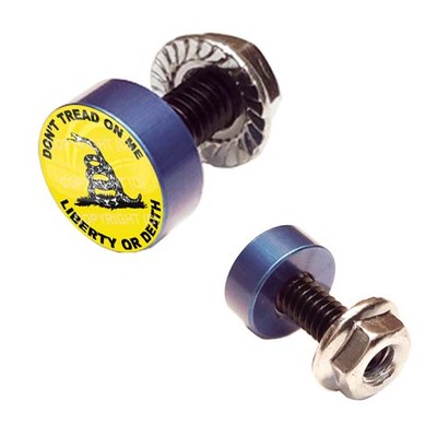 2 Blue Billet Aluminum Cycle License Plate Frame Bolts - DONT TREAD ON ME YEL