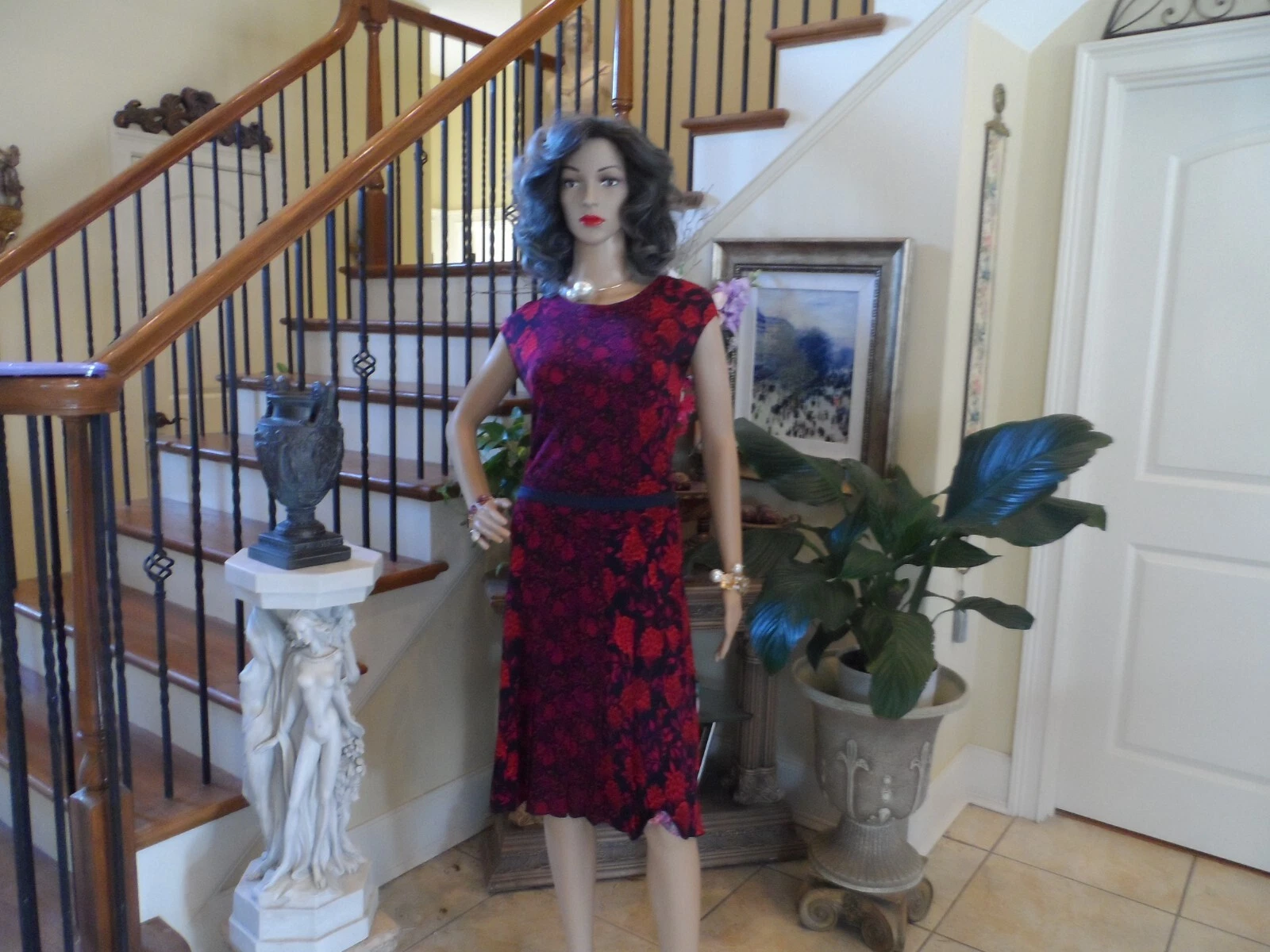 Abito a pieghe Tory Burch nero rosso stampa floreale vita a goccia taglia S